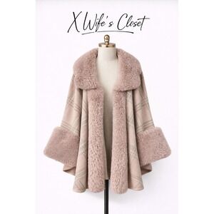 Sioni Faux Fur Trim Plaid Open Front Wrap Jacket Dusty Rose Pink L/XL